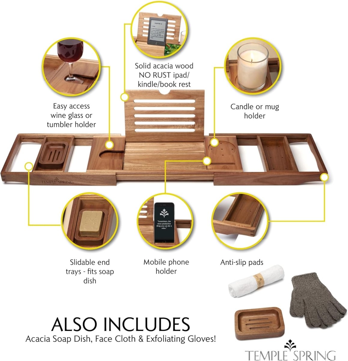 Temple Spring Wooden Bathtub Tray, Bamboo Bathroom Accessories, Bath Tray for Tub, at Home Spa Essentials, Board for Tub Table, Bath Caddy for Bathtub Accessories &amp; Bathroom Essentials – Natural - Homesidy.com