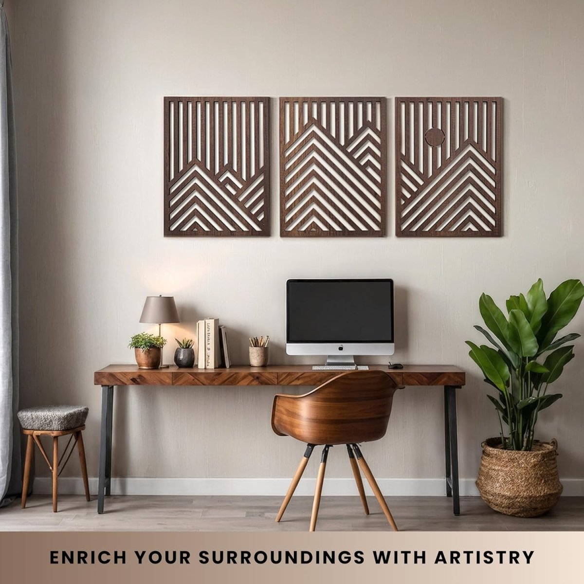 qmmp Modern Wooden Wall Sculptures - Set of 3 - MDF - Oak - Home Decor Accent - Large Wall Art for Living Room, Bedroom, Office - Easy Installation (Oak, Medium - Mountain and Sun, Unframed) - Homesidy.com
