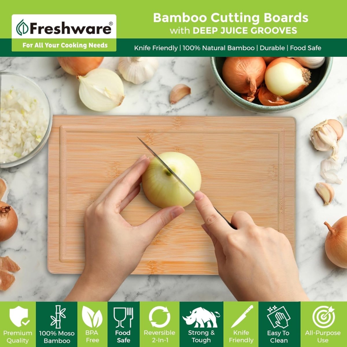 Bamboo Cutting Boards for Kitchen [Set of 3] Wood Cutting Board for Chopping Meat, Vegetables, Fruits, Cheese, Knife Friendly Serving Tray with Handles - Homesidy.com