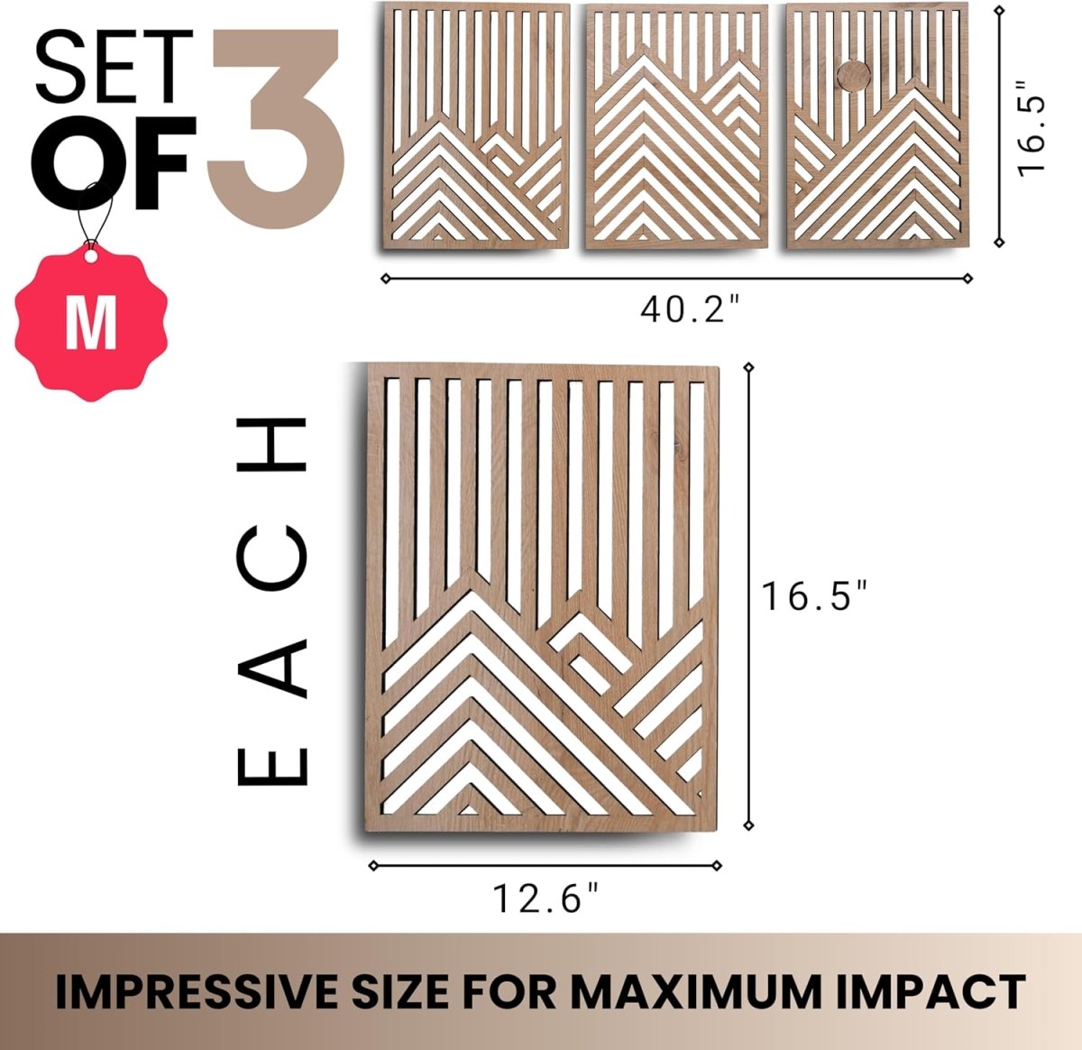qmmp Modern Wooden Wall Sculptures - Set of 3 - MDF - Oak - Home Decor Accent - Large Wall Art for Living Room, Bedroom, Office - Easy Installation (Oak, Medium - Mountain and Sun, Unframed) - Homesidy.com