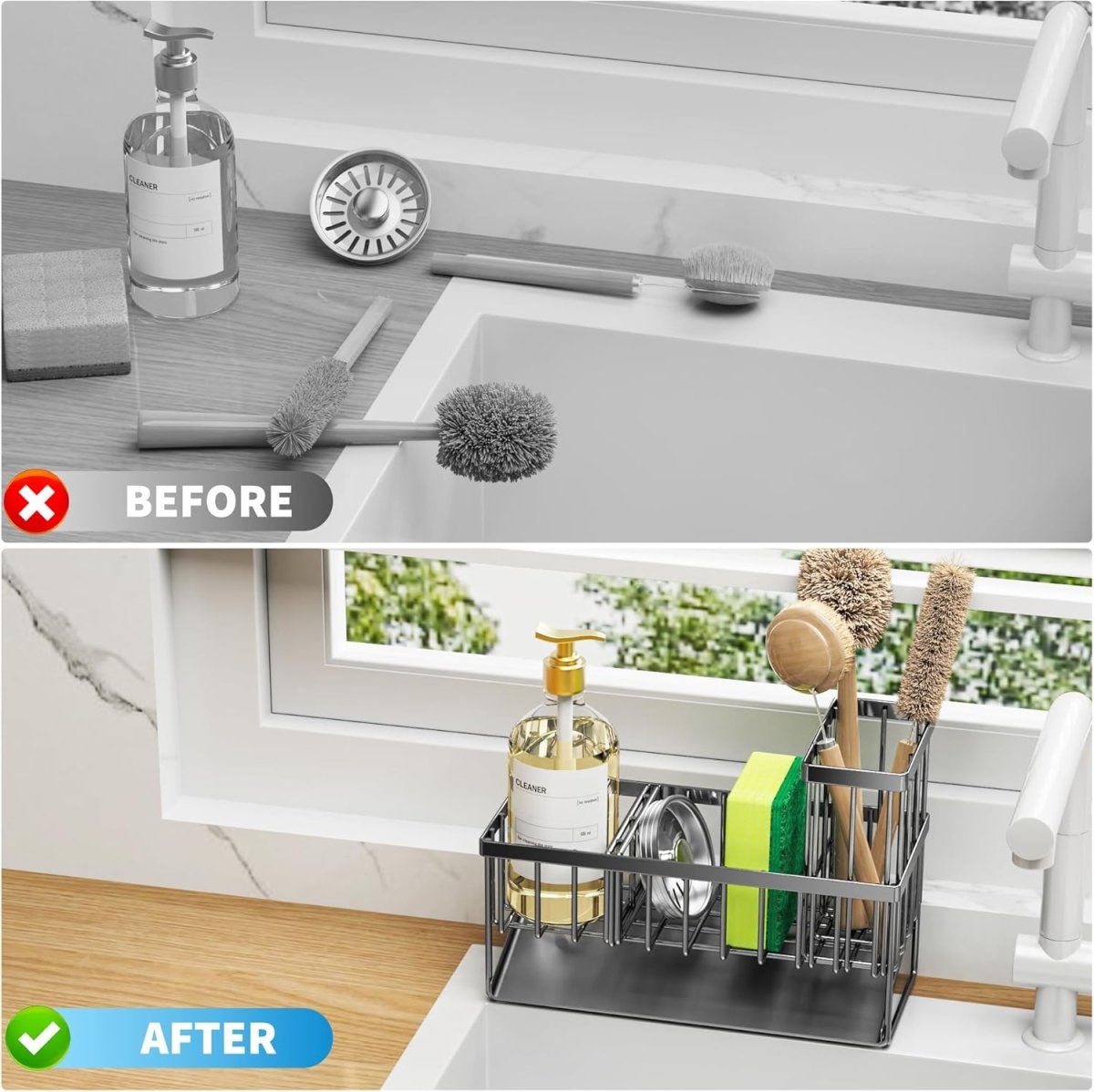 Cisily Kitchen Sink Caddy Organzier with High Brush Holder, Sponge Holder for Sink, 304 Rustproof Stainless, Kitchen Countertop Soap Dispenser Organizer, Kitchen Decor and Accessories - Homesidy.com