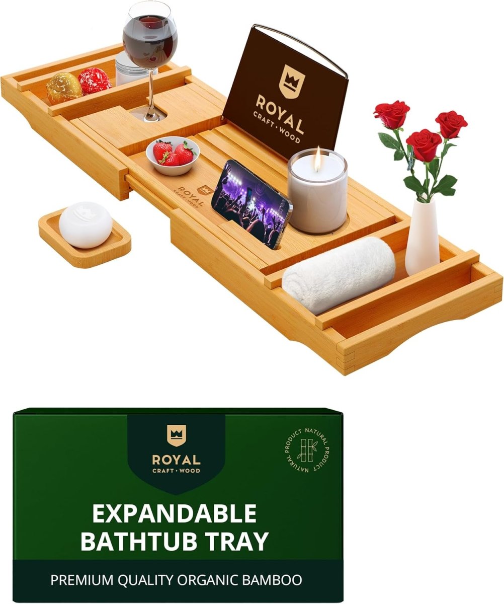 ROYAL CRAFT WOOD Bathtub Tray Caddy for Tub, Bamboo Bath Shelf, Premium Foldable Wood Bath Table, Expandable Bathtub &amp; Bathroom Accessories, New Home Gifts for Mom, Housewarming, Anniversary, Wedding - Homesidy.com