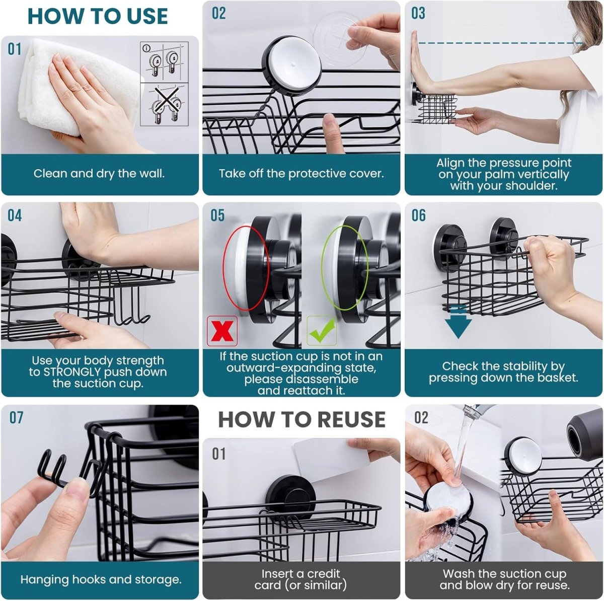 TAILI Shower Caddy Suction Cup 2 Pack with Hooks &amp; Soap holder, Heavy Duty Shower Organizer for Bathroom, No Drilling Bathroom Organizer with Large Capacity, Black Metal Storage Basket - Homesidy.com