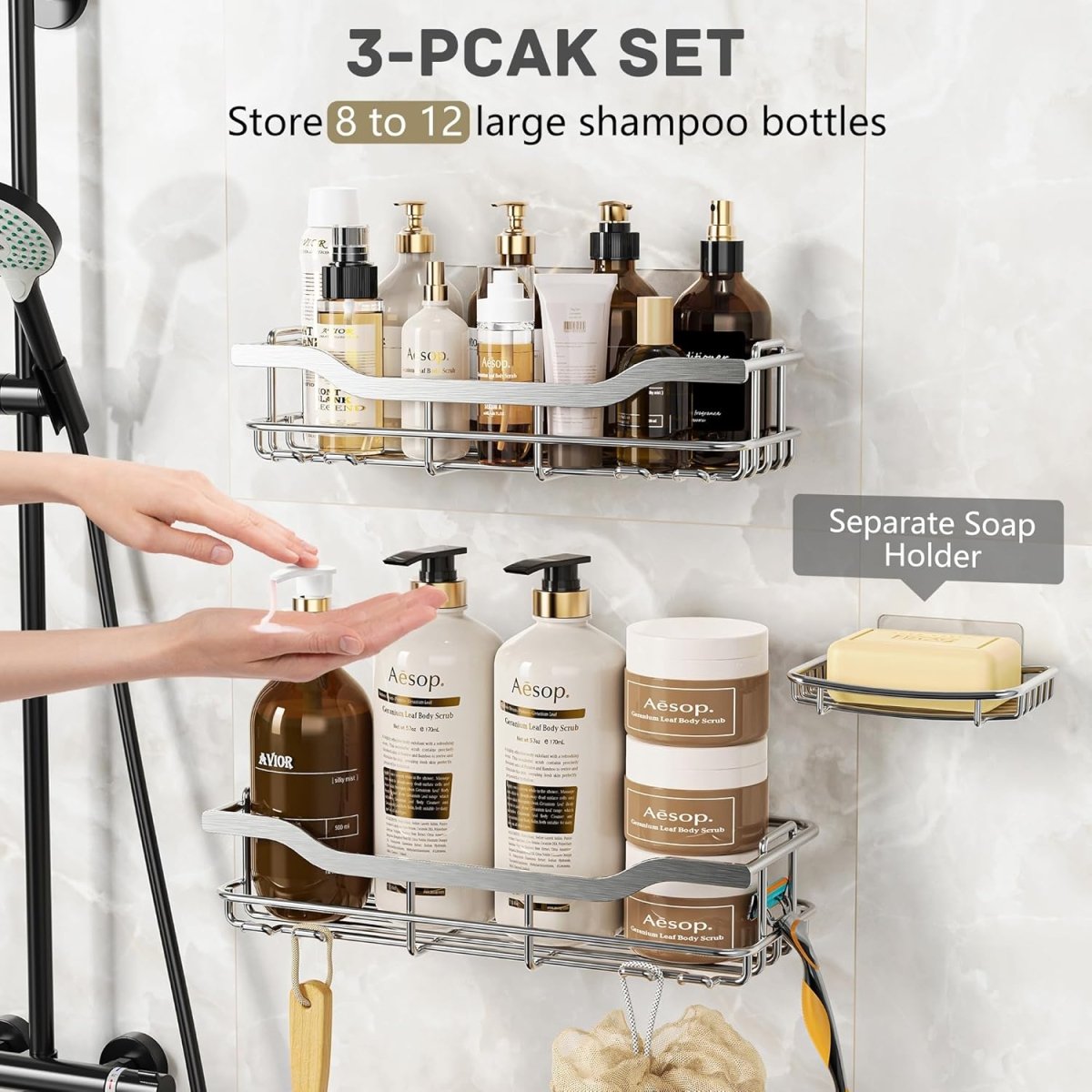 OMAIRA 3 - Pack Shower Caddy with Soap Holder, Adhesive Rustproof No - drill Strudy Loading Inside Shower Organizer Shelves Rack Storage Bathroom Organization for Smooth Wall Glass Tile, Black (Large) - Homesidy.com