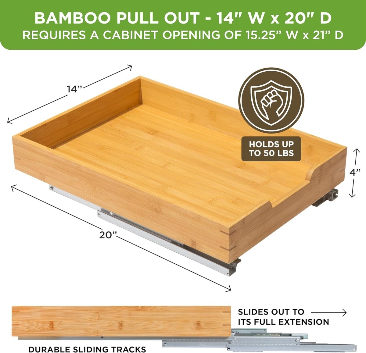 HOLDN’ STORAGE Bamboo Wooden Pull out Cabinet Organizer. 17&34; W x 21&34; D - Requires At Least a 18.25&34; W x 21&34; D.Cabinet Opening. W/Lifetime Limited Warranty. Bamboo Tray and Heavy gauge metal rails. - Homesidy.com