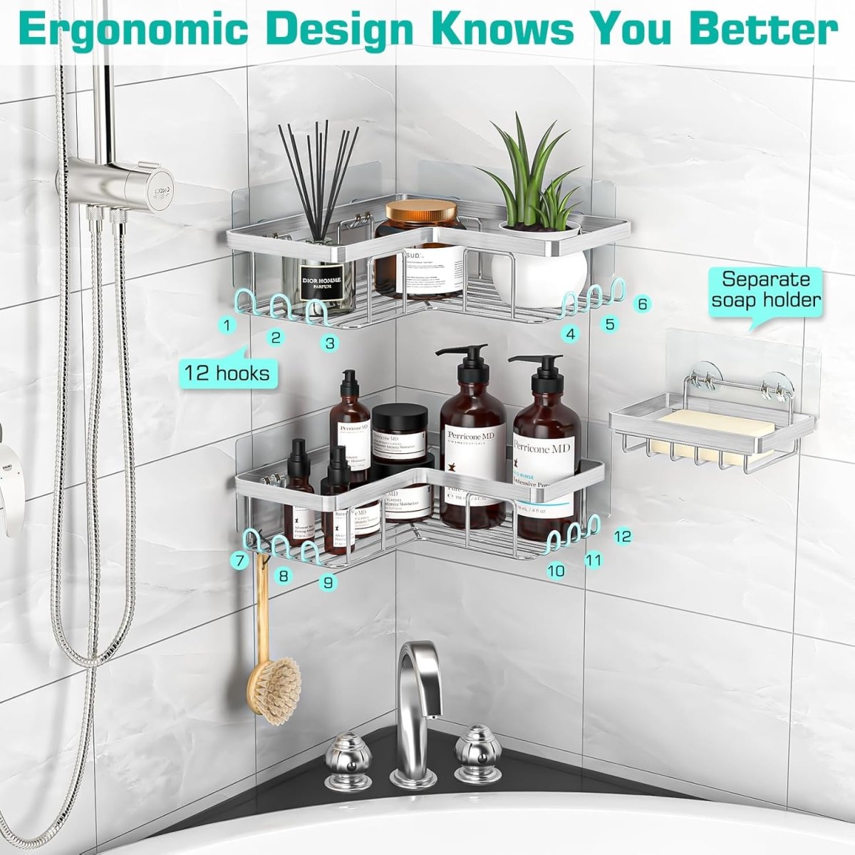 YASONIC Corner Adhesive Shower Caddy, with Soap Holder and 12 Hooks, Rustproof Stainless Steel Bathroom Organizer, No Drilling Wall Mounted Rack, Black, 3 - Pack - Homesidy.com