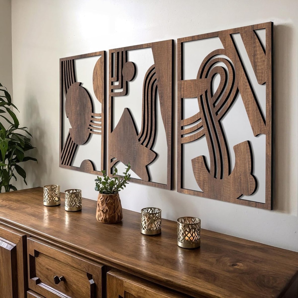 qmmp Modern Wooden Wall Sculptures - Set of 3 - MDF - Oak - Home Decor Accent - Large Wall Art for Living Room, Bedroom, Office - Easy Installation (Oak, Medium - Mountain and Sun, Unframed) - Homesidy.com
