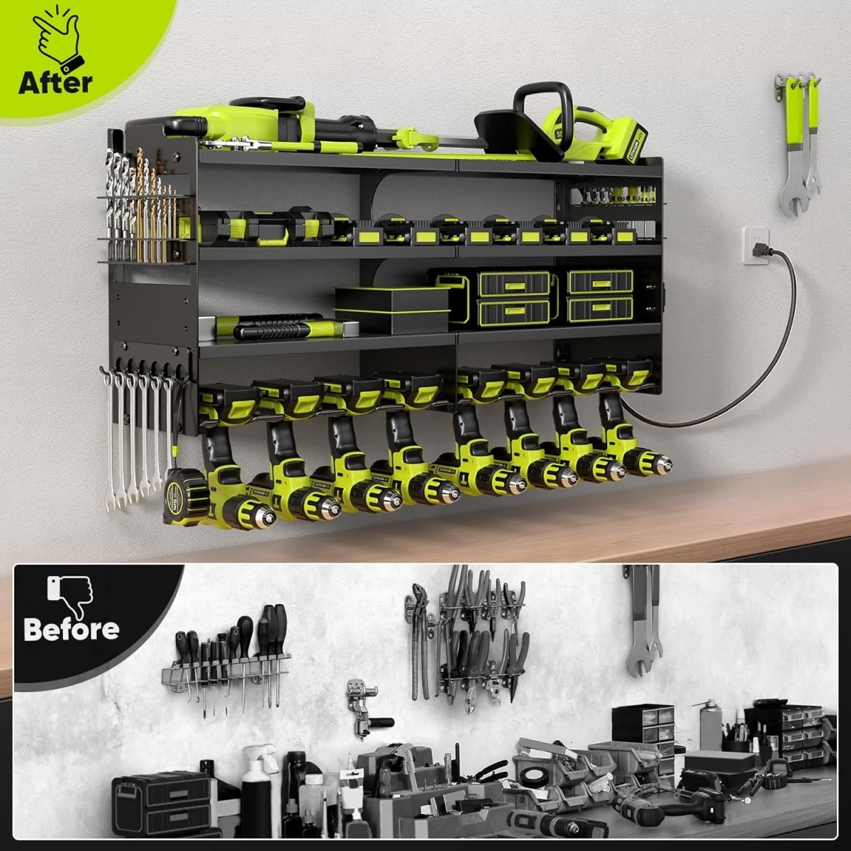 POKIPO Large Power Tool Organizer Wall Mount with Charging Station,4 Layer Heavy Duty Metal Tool Storage Rack Loads 600lbs with 8 Cordless Drill Holder,Battery Utility Rack Loads with 4 Power Strip - Homesidy.com