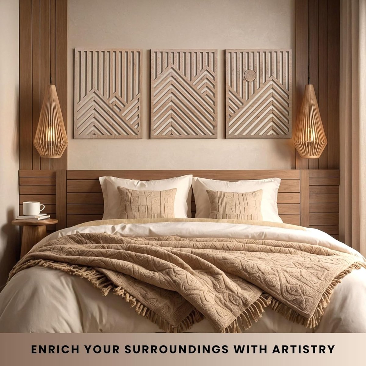 qmmp Modern Wooden Wall Sculptures - Set of 3 - MDF - Oak - Home Decor Accent - Large Wall Art for Living Room, Bedroom, Office - Easy Installation (Oak, Medium - Mountain and Sun, Unframed) - Homesidy.com