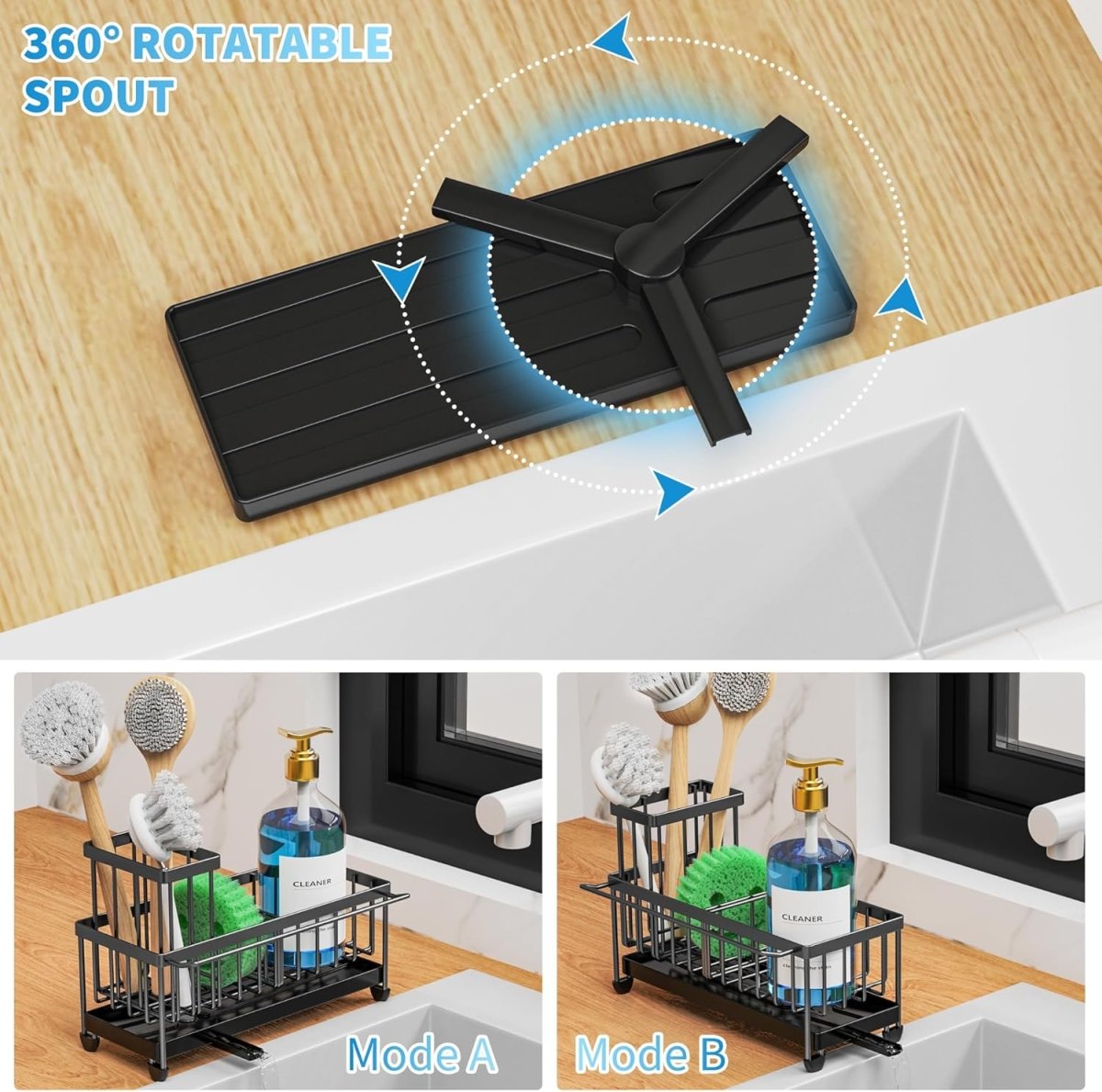 Cisily Black Sponge Holder for Kitchen Sink, Sink Caddy Organizer with High Brush Holder, Kitchen Countertop Organizers and Storage Essentials, Rustproof 304 Stainless Steel, Soap Dispenser Organize - Homesidy.com