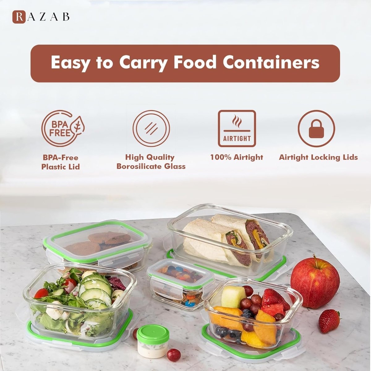 Razab 35 Pc Set Glass Food Storage Containers with Lids - Meal Prep Airtight Bento Boxes BPA - Free 100% Leak Proof (15 lids,15 glass &amp; 5 Plastic Sauce/Dip Containers) - Homesidy.com