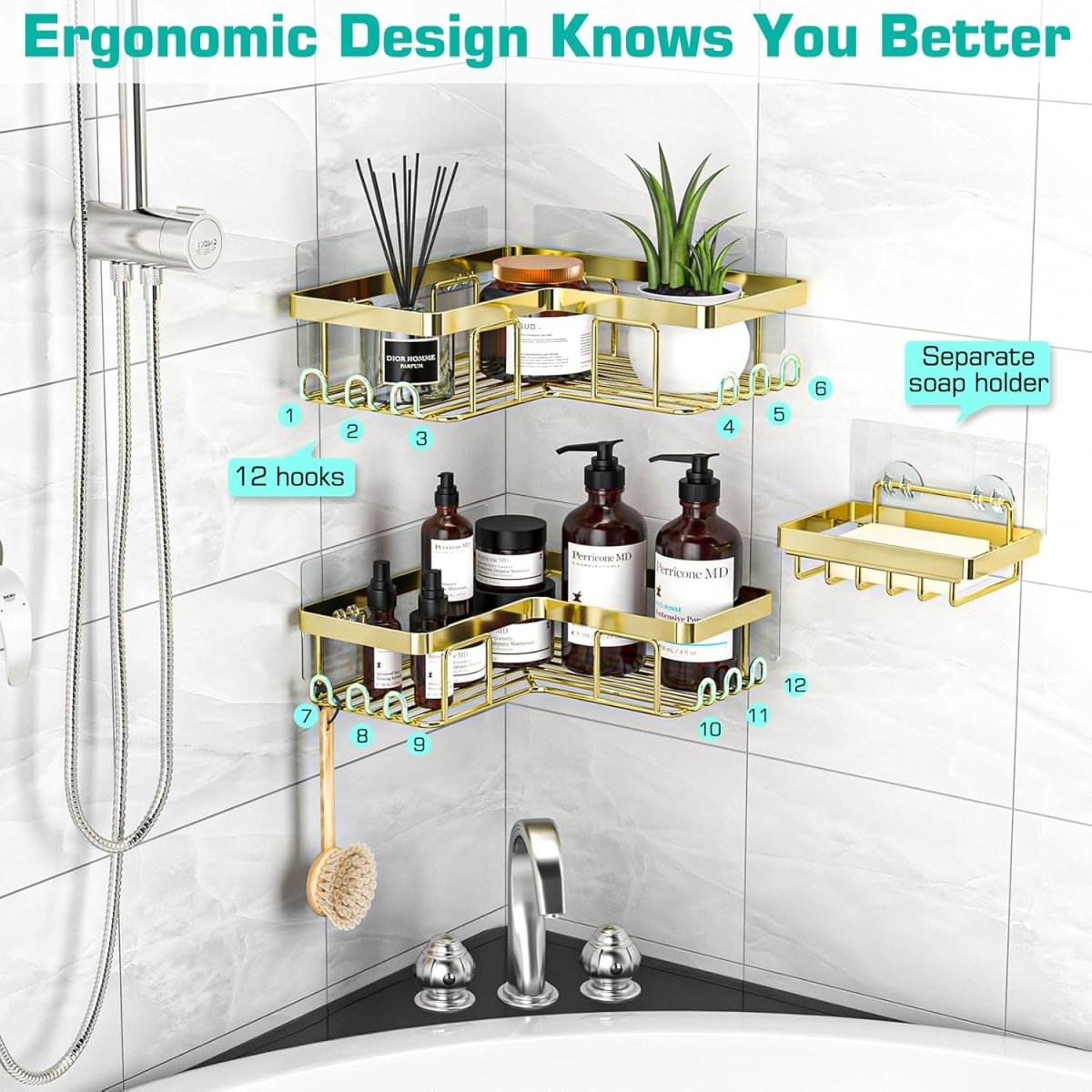 YASONIC Corner Adhesive Shower Caddy, with Soap Holder and 12 Hooks, Rustproof Stainless Steel Bathroom Organizer, No Drilling Wall Mounted Rack, Black, 3 - Pack - Homesidy.com