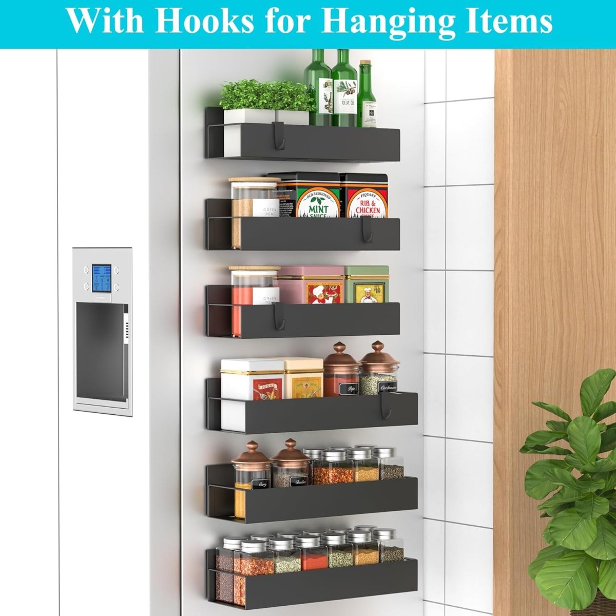 HuggieGems Metal 4 Pack Magnetic Spice Storage Rack Organizer for Refrigerator and Oven, Black Fridge Organizers and Storage - Homesidy.com