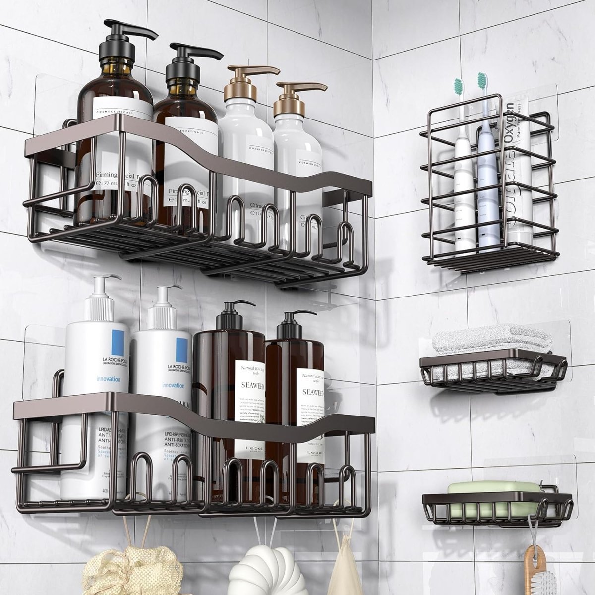 EUDELE 5 - Pack Rustproof Stainless Steel Shower Caddy Set– No Drill Adhesive Bathroom Organizer, Space - Saving Shower Shelves for Apartment Essentials, Bathroom/Kitchen Storage Home Decor - L Size - Homesidy.com