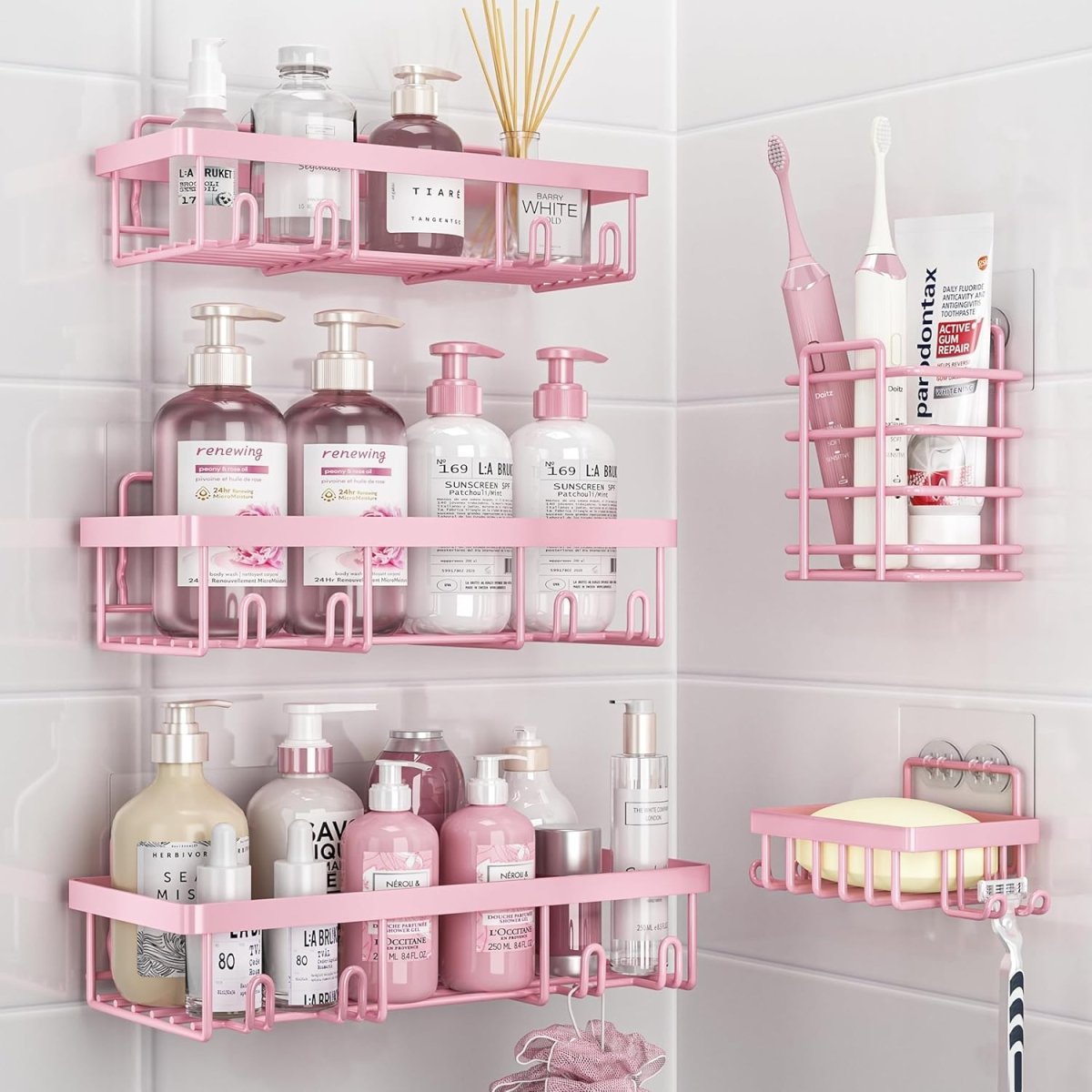 Liuoud 5 Pack Shower Caddy Organizer Rack Shelf for Inside Shower, Adhesive Bathroom Wall Storage Basket Rustproof Stainless Steel Shampoo Holder, Girly Bathroom Accessory Decor Set, Pink - Homesidy.com