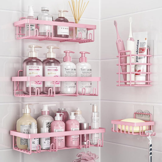 Liuoud 5 Pack Shower Caddy Organizer Rack Shelf for Inside Shower, Adhesive Bathroom Wall Storage Basket Rustproof Stainless Steel Shampoo Holder, Girly Bathroom Accessory Decor Set, Pink - Homesidy.com
