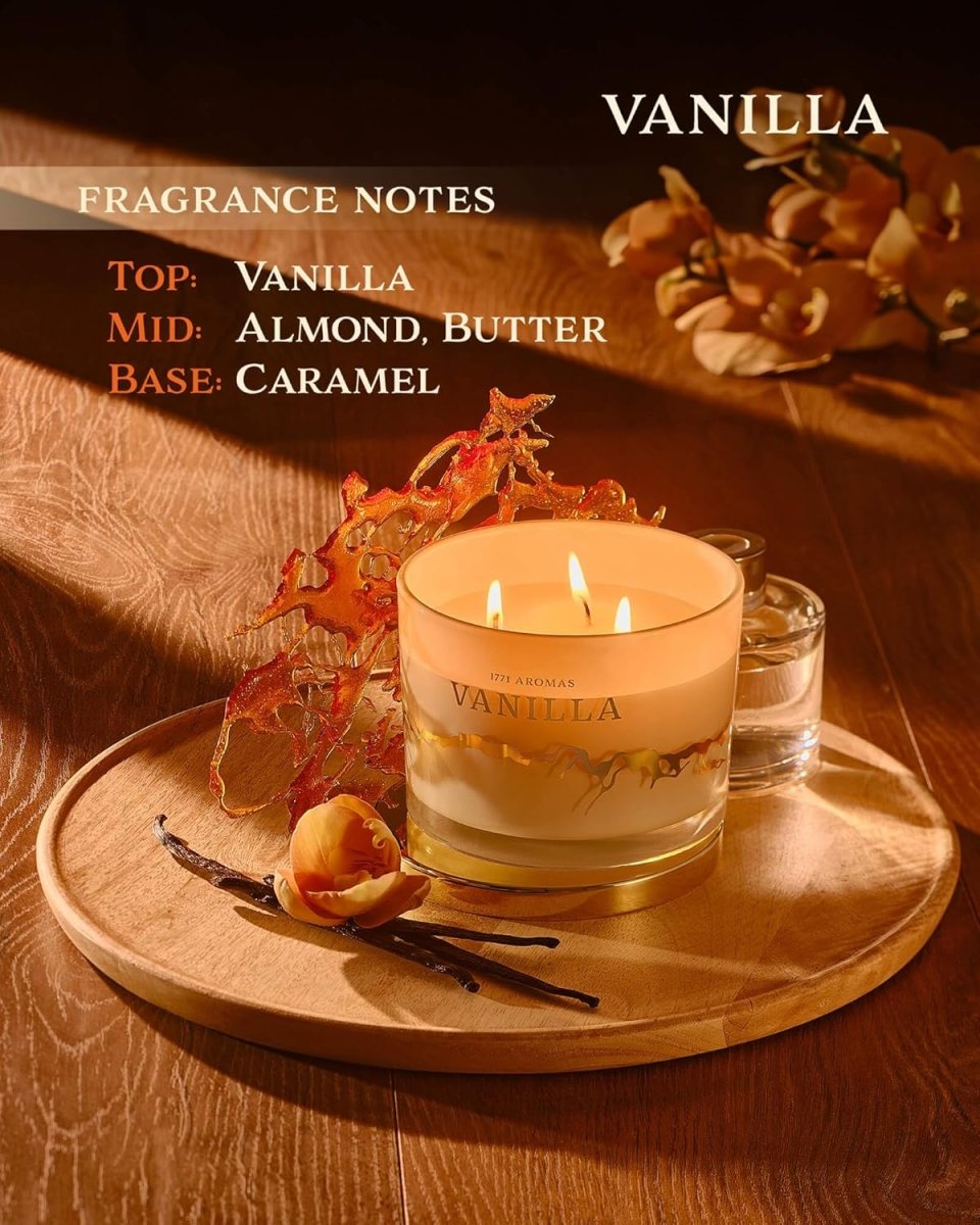 1771 Aromas Vanilla Scented Candles - 100% Natural Soy Wax - Large 3 Wick Jar Candle - Up to 50 Hours Burning Time - Candles for Home - Gift - Ready Candle for Men &amp; Women - Aromatherapy Candles - Homesidy.com