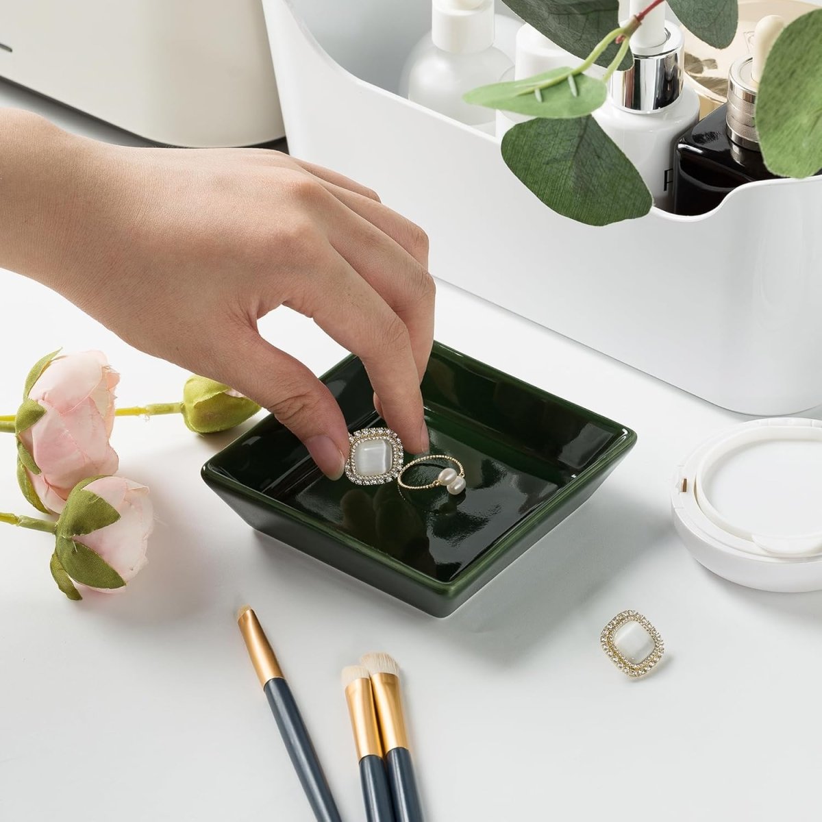 Mecaikru Ceramic Trinket Dish, Ring Tray, Decorative Jewelry Dish for Earrings Necklaces Watch Keys, for Women, White Green - Homesidy.com