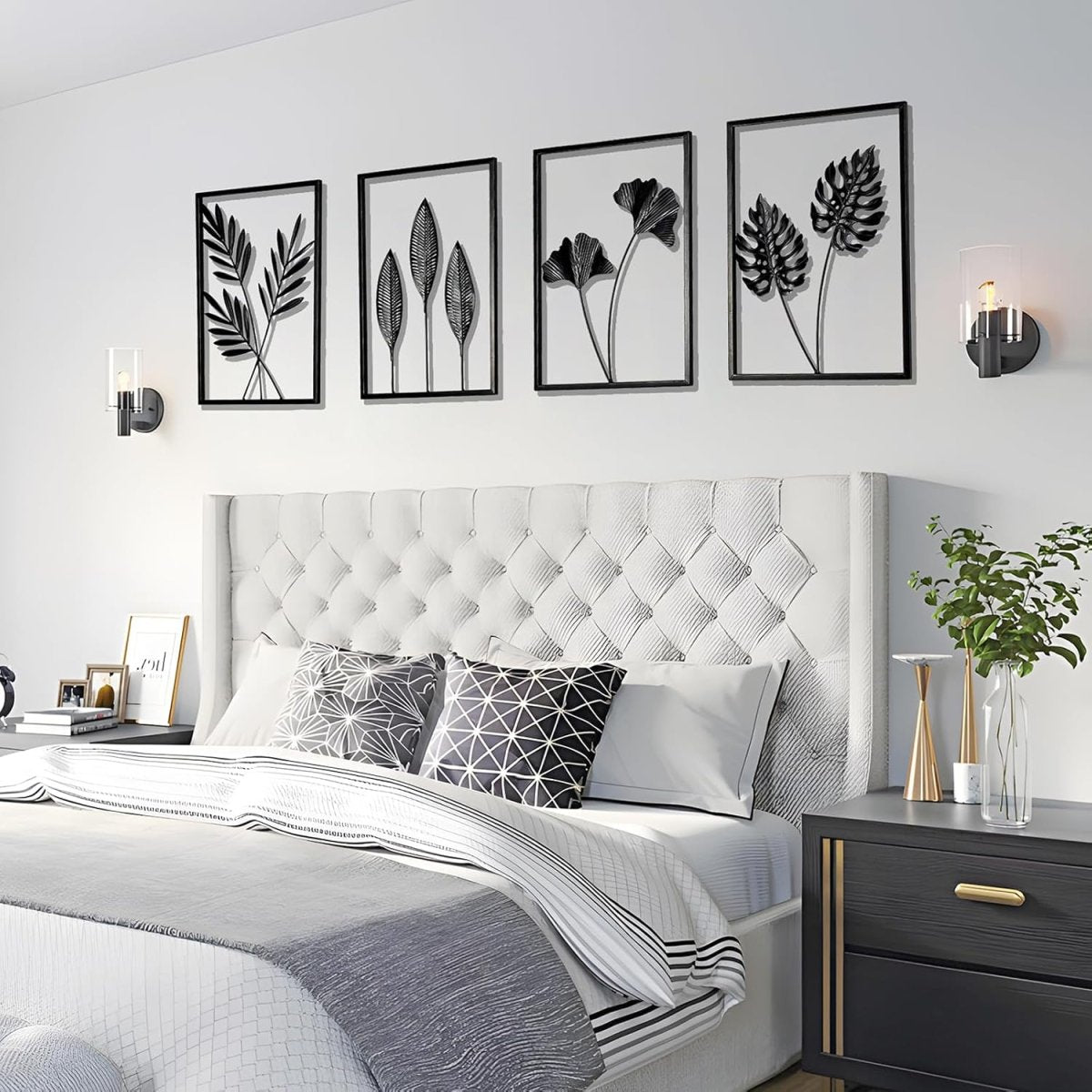 QXSXKJ Black Metal Wall Decor Framed, 3d Modern Metal Wall Art with Light, Minimalist Abstract Black Line Art DéCor, 4 Piece Home Art for Living Room Bedroom Bathroom - Homesidy.com