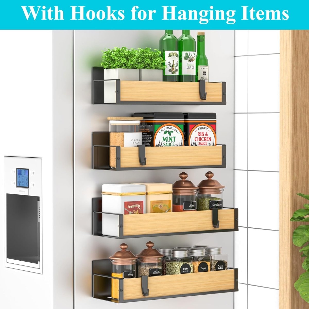 HuggieGems Metal 4 Pack Magnetic Spice Storage Rack Organizer for Refrigerator and Oven, Black Fridge Organizers and Storage - Homesidy.com