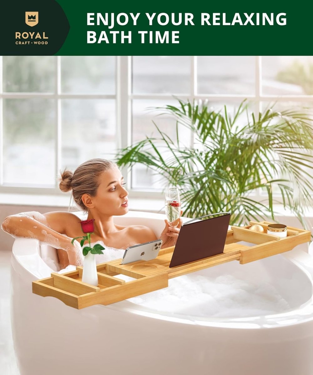ROYAL CRAFT WOOD Bathtub Tray Caddy for Tub, Bamboo Bath Shelf, Premium Foldable Wood Bath Table, Expandable Bathtub &amp; Bathroom Accessories, New Home Gifts for Mom, Housewarming, Anniversary, Wedding - Homesidy.com