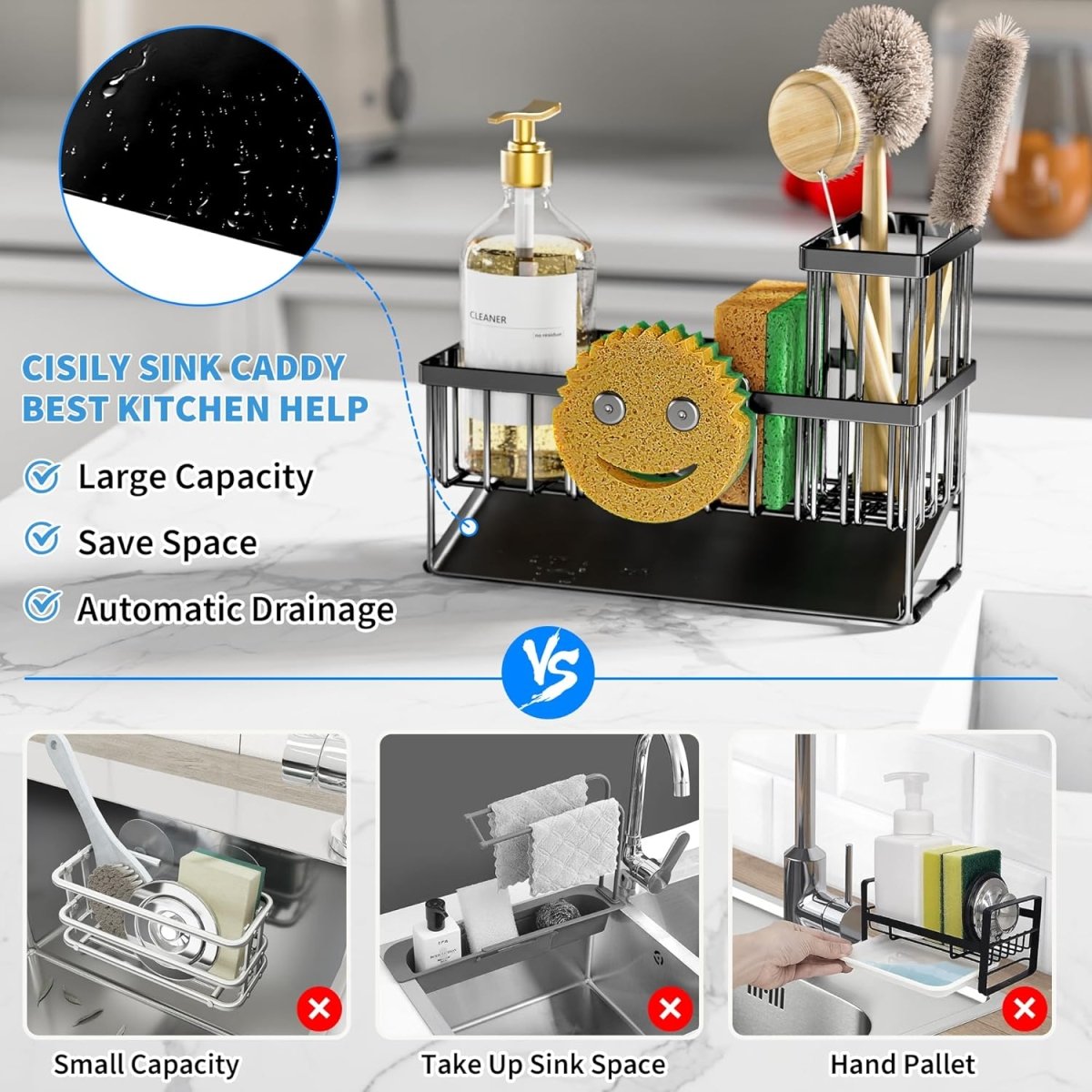 Cisily Kitchen Sink Caddy Organzier with High Brush Holder, Sponge Holder for Sink, 304 Rustproof Stainless, Kitchen Countertop Soap Dispenser Organizer, Kitchen Decor and Accessories - Homesidy.com