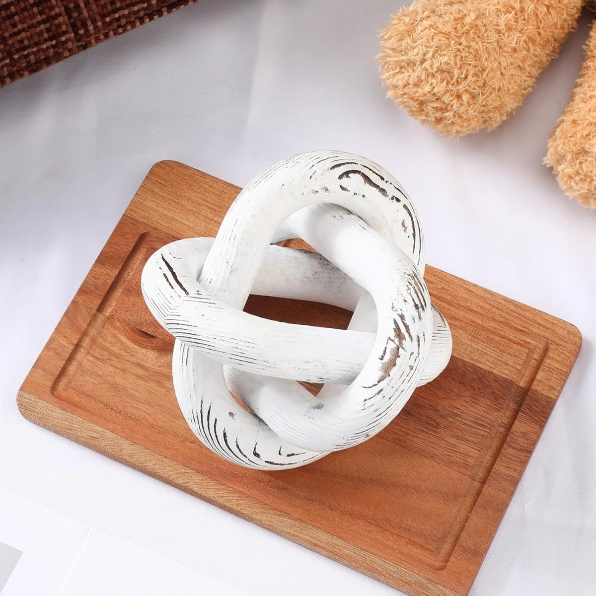 Yalikop 3 Link Wood Knot Decor - Hand Carved Coffee Table Decoration, Boho Chain Link Decor, Modern Shelf, Rustic Objects for Home Living Room Bedroom(White) - Homesidy.com