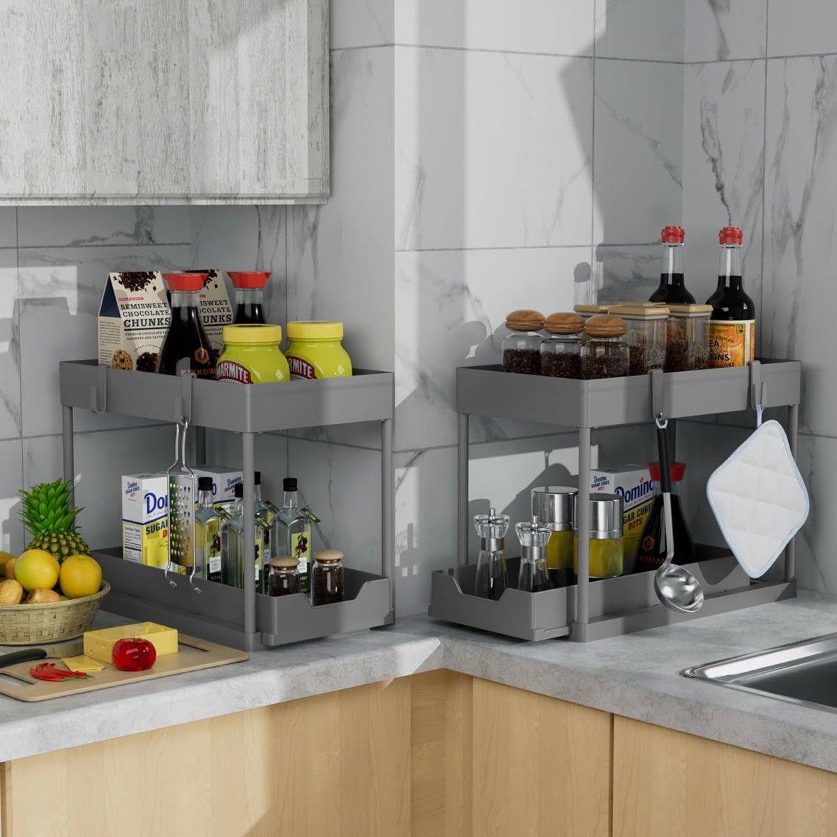 DEKAVA Under Sink Organizer 2 Pack, Bathroom Cabinet Organizer, 2 Tier Sliding Cabinet Basket Organizer Drawer, Multi - Purpose Bath Collection Baskets for Bathroom (Black) - Homesidy.com