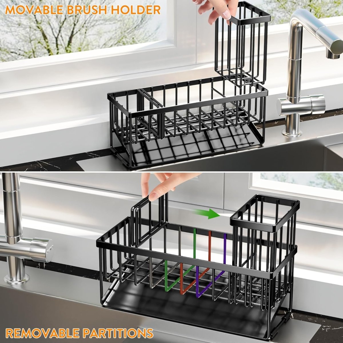 Cisily Kitchen Sink Caddy Organzier with High Brush Holder, Sponge Holder for Sink, 304 Rustproof Stainless, Kitchen Countertop Soap Dispenser Organizer, Kitchen Decor and Accessories - Homesidy.com