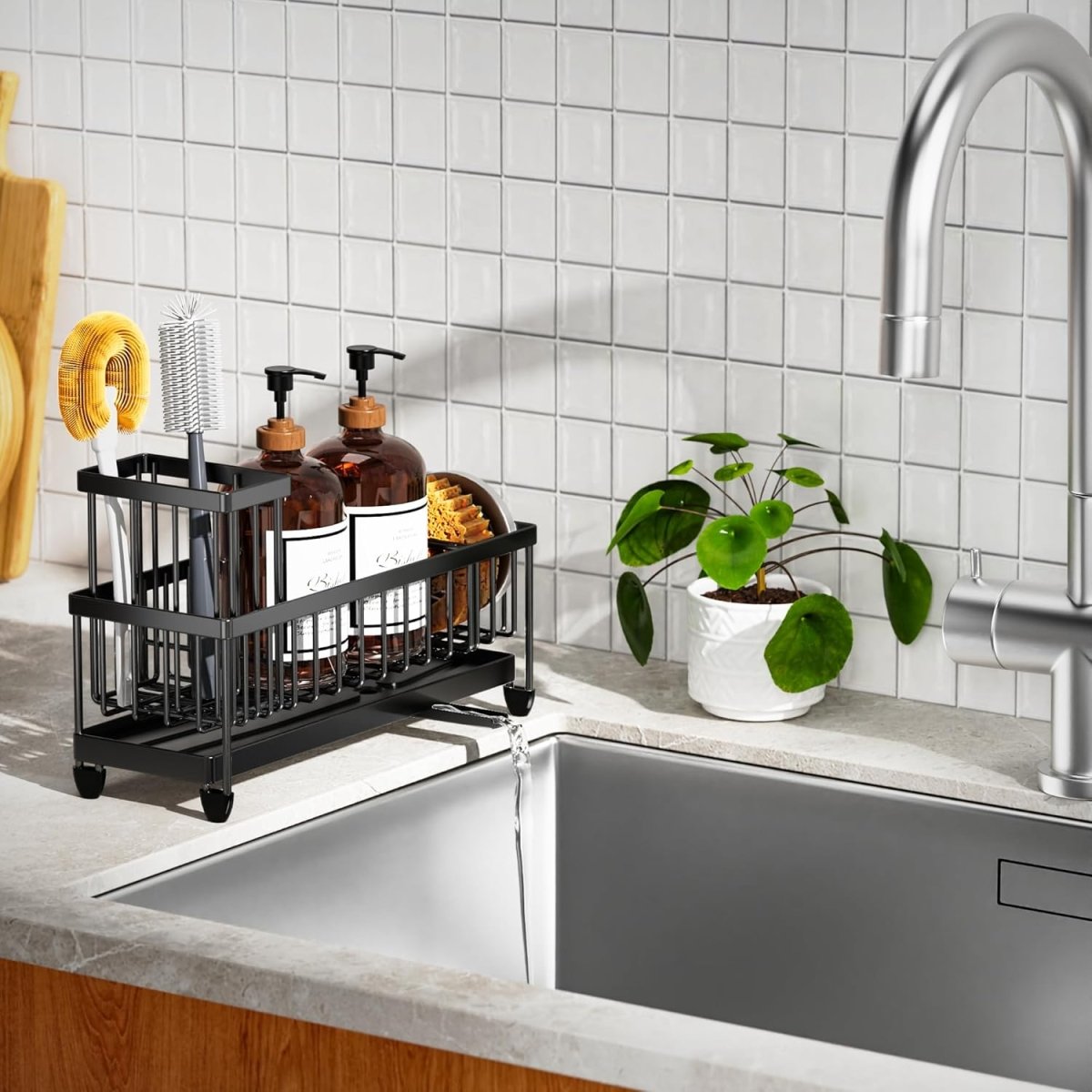 Cisily Black Sponge Holder for Kitchen Sink, Sink Caddy Organizer with High Brush Holder, Kitchen Countertop Organizers and Storage Essentials, Rustproof 304 Stainless Steel, Soap Dispenser Organize - Homesidy.com