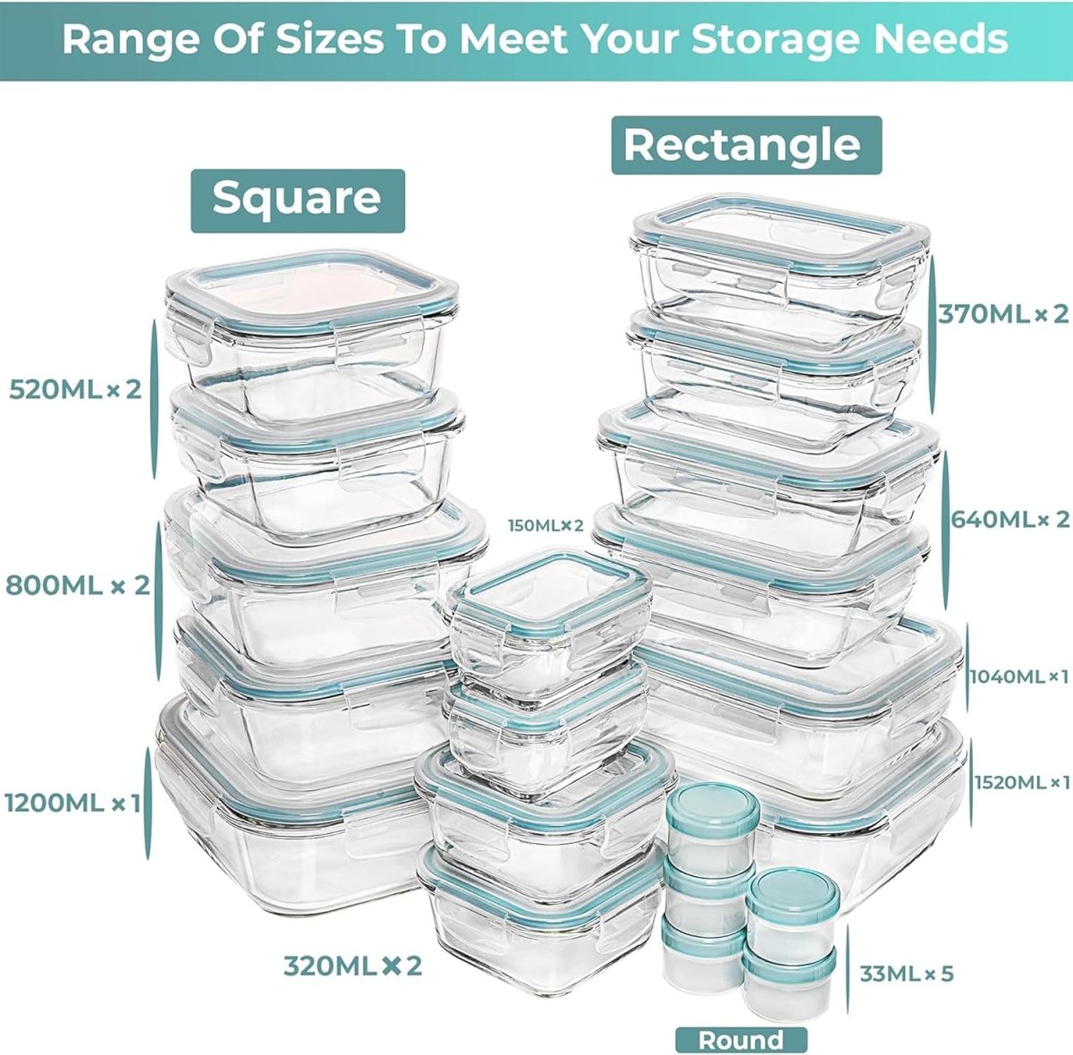 Razab 35 Pc Set Glass Food Storage Containers with Lids - Meal Prep Airtight Bento Boxes BPA - Free 100% Leak Proof (15 lids,15 glass &amp; 5 Plastic Sauce/Dip Containers) - Homesidy.com