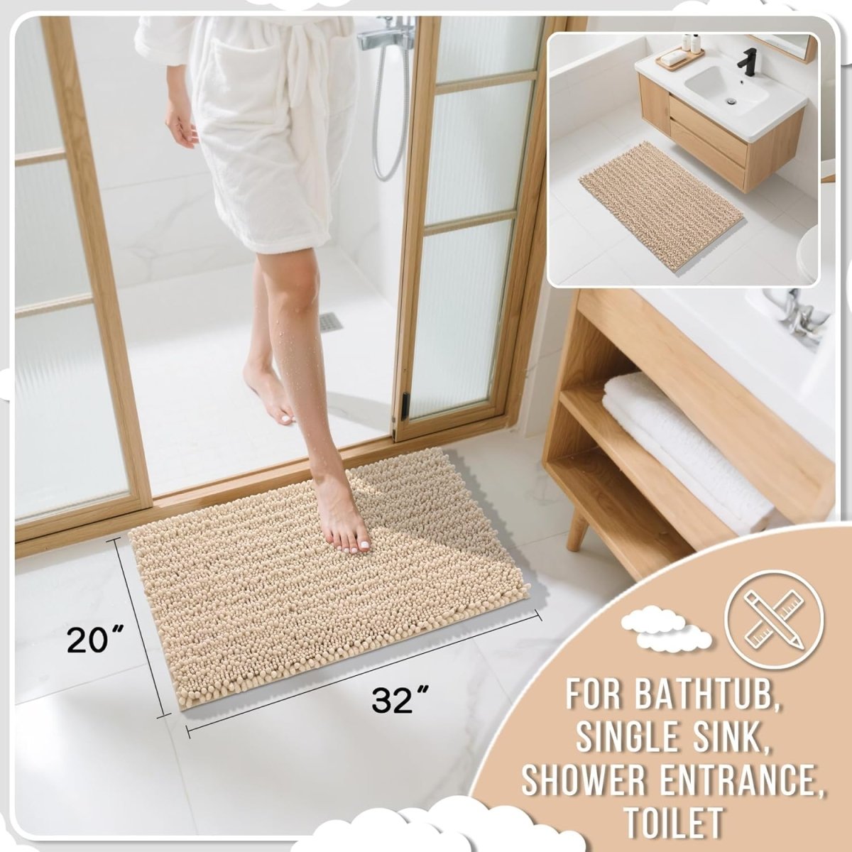 Yimobra Bathroom Rugs Non Slip Washable - Ultra Soft Absorbent Chenille Bath Mat, Quick Dry Shaggy Floor Carpet for Tub Shower, Gray Home Decor Accessories, 24x17 Inch - Homesidy.com
