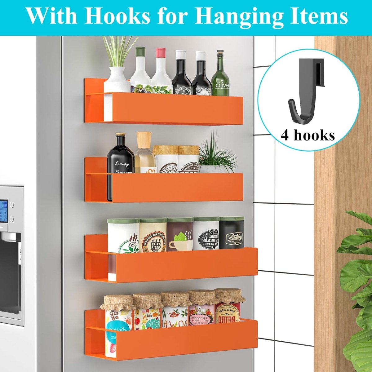 HuggieGems Metal 4 Pack Magnetic Spice Storage Rack Organizer for Refrigerator and Oven, Black Fridge Organizers and Storage - Homesidy.com
