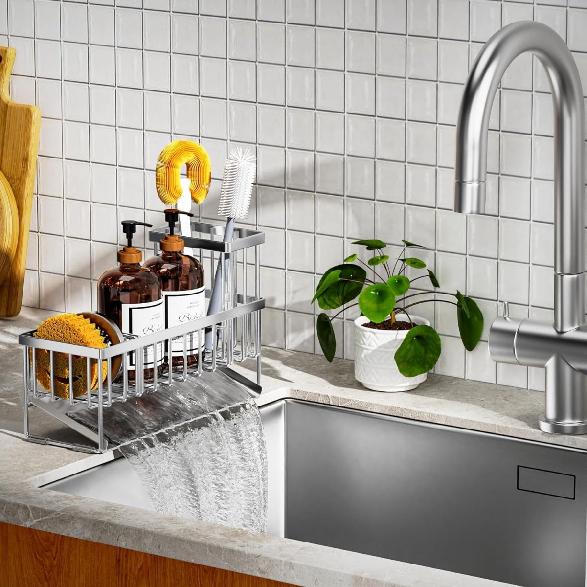 Cisily Kitchen Sink Caddy Organzier with High Brush Holder, Sponge Holder for Sink, 304 Rustproof Stainless, Kitchen Countertop Soap Dispenser Organizer, Kitchen Decor and Accessories - Homesidy.com