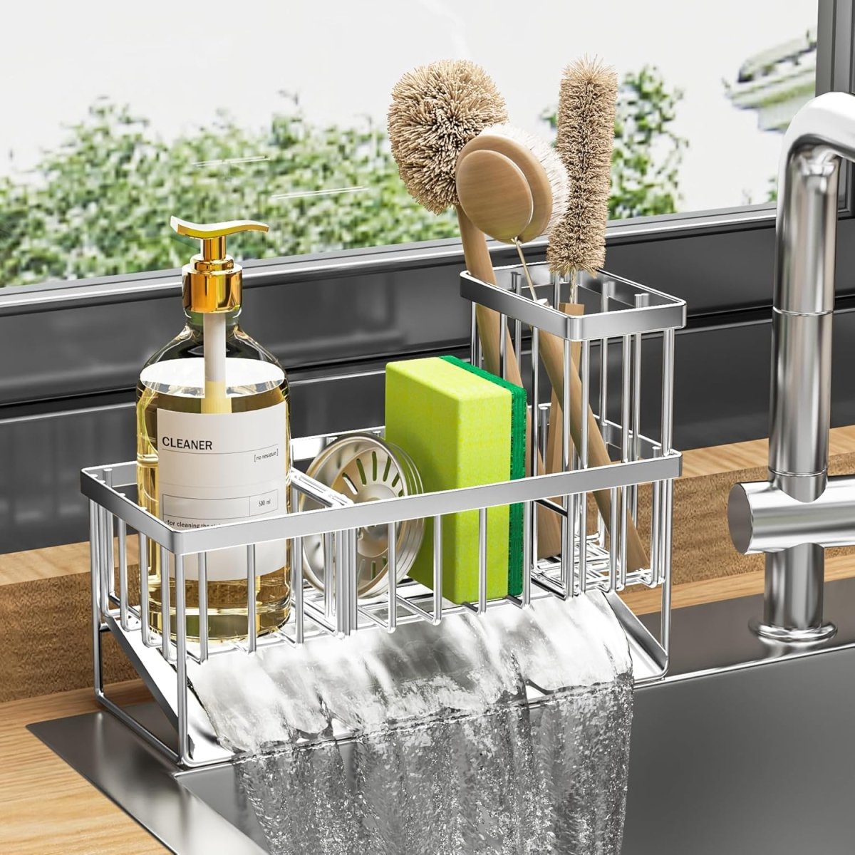 Cisily Kitchen Sink Caddy Organzier with High Brush Holder, Sponge Holder for Sink, 304 Rustproof Stainless, Kitchen Countertop Soap Dispenser Organizer, Kitchen Decor and Accessories - Homesidy.com