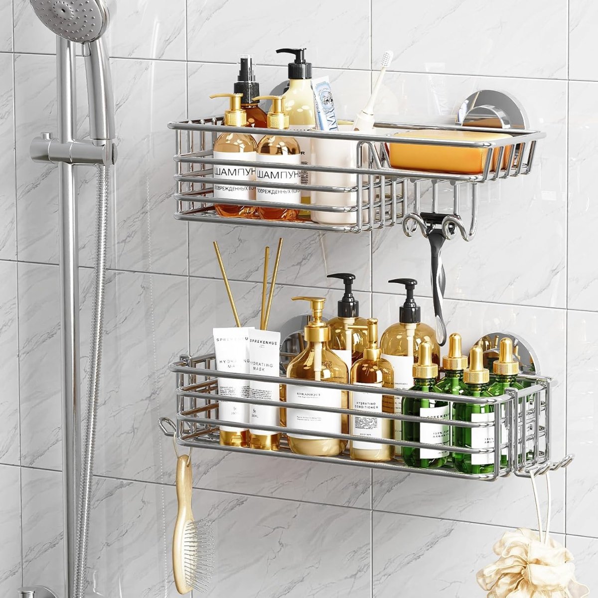 TAILI Shower Caddy Suction Cup 2 Pack with Hooks &amp; Soap holder, Heavy Duty Shower Organizer for Bathroom, No Drilling Bathroom Organizer with Large Capacity, Black Metal Storage Basket - Homesidy.com