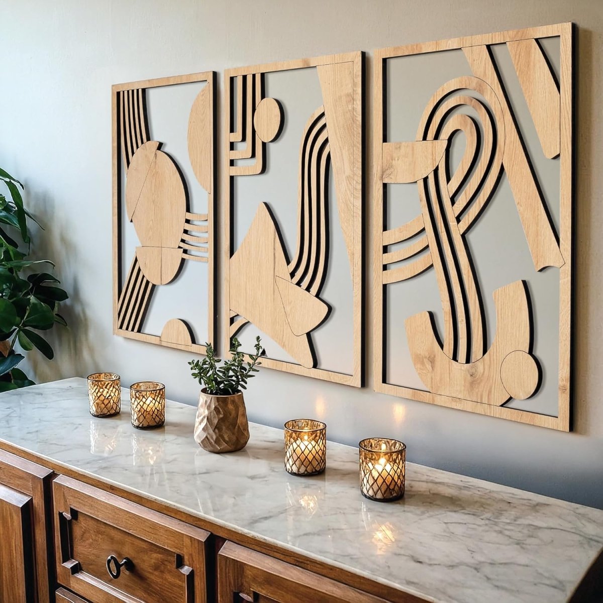 qmmp Modern Wooden Wall Sculptures - Set of 3 - MDF - Oak - Home Decor Accent - Large Wall Art for Living Room, Bedroom, Office - Easy Installation (Oak, Medium - Mountain and Sun, Unframed) - Homesidy.com