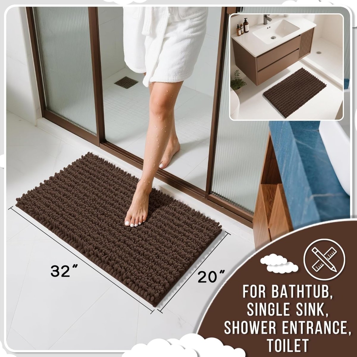Yimobra Bathroom Rugs Non Slip Washable - Ultra Soft Absorbent Chenille Bath Mat, Quick Dry Shaggy Floor Carpet for Tub Shower, Gray Home Decor Accessories, 24x17 Inch - Homesidy.com
