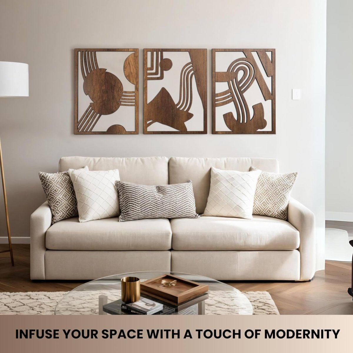 qmmp Modern Wooden Wall Sculptures - Set of 3 - MDF - Oak - Home Decor Accent - Large Wall Art for Living Room, Bedroom, Office - Easy Installation (Oak, Medium - Mountain and Sun, Unframed) - Homesidy.com