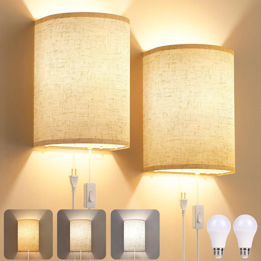 Plug in Wall Sconces Set of Two: Wall Lights with On/Off Switch - Stepless Color Temperature Wall Mount Lamps - Fabric Linen Wall Sconce for Bedroom Living Room &amp; Hallway - Indoor Corded Wall Sconces - Homesidy.com