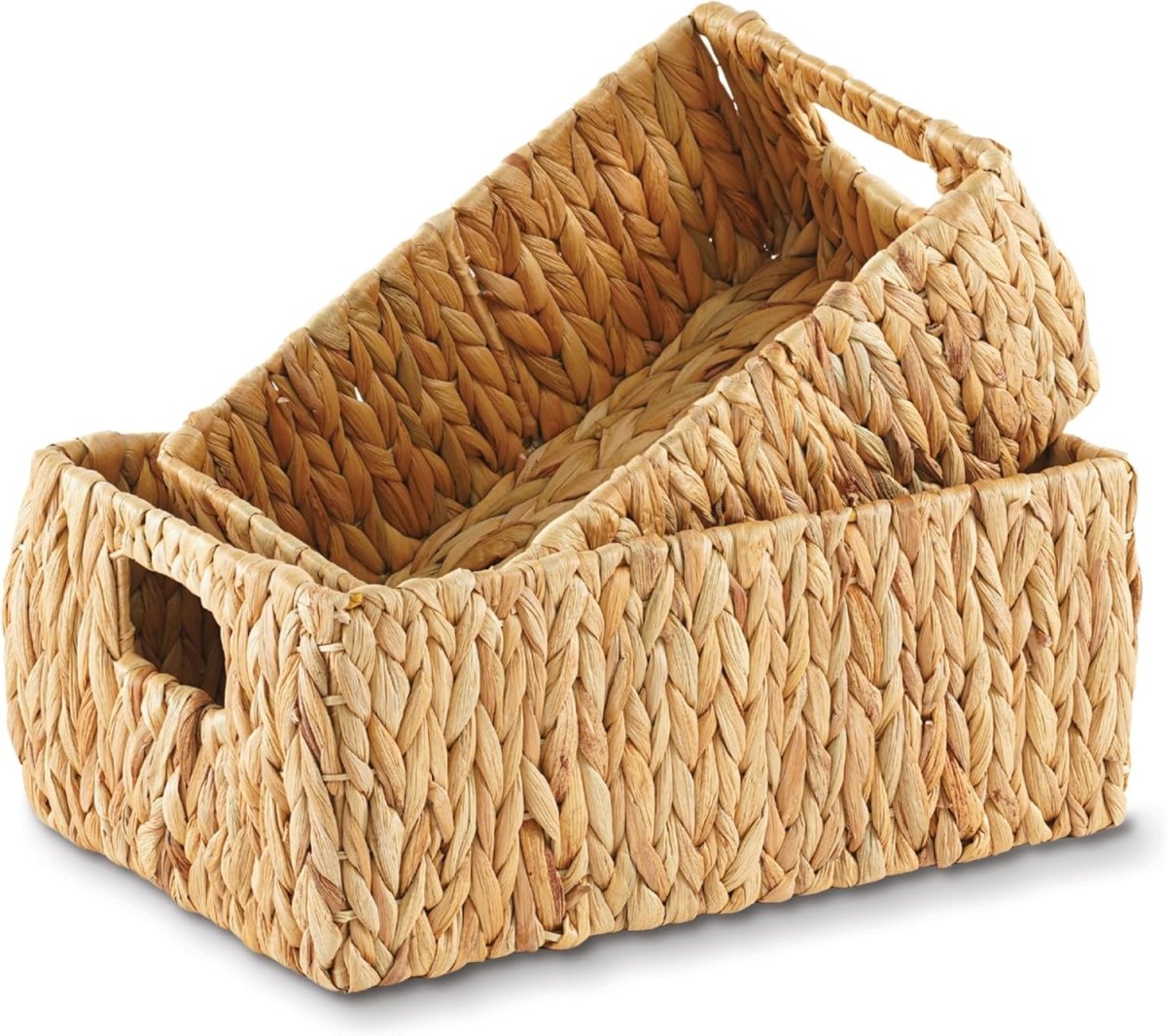 Greenatural Water Hyacinth Storage Baskets Set of 2, Handwoven Rectangular Organizer Trays with Wooden Bead Handles, Nested Wicker Bins for Shelf, Bathroom, Kitchen, Office, Natural Decor - Homesidy.com