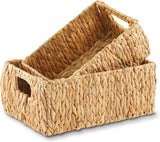 Greenatural Water Hyacinth Storage Baskets Set of 2, Handwoven Rectangular Organizer Trays with Wooden Bead Handles, Nested Wicker Bins for Shelf, Bathroom, Kitchen, Office, Natural Decor - Homesidy.com