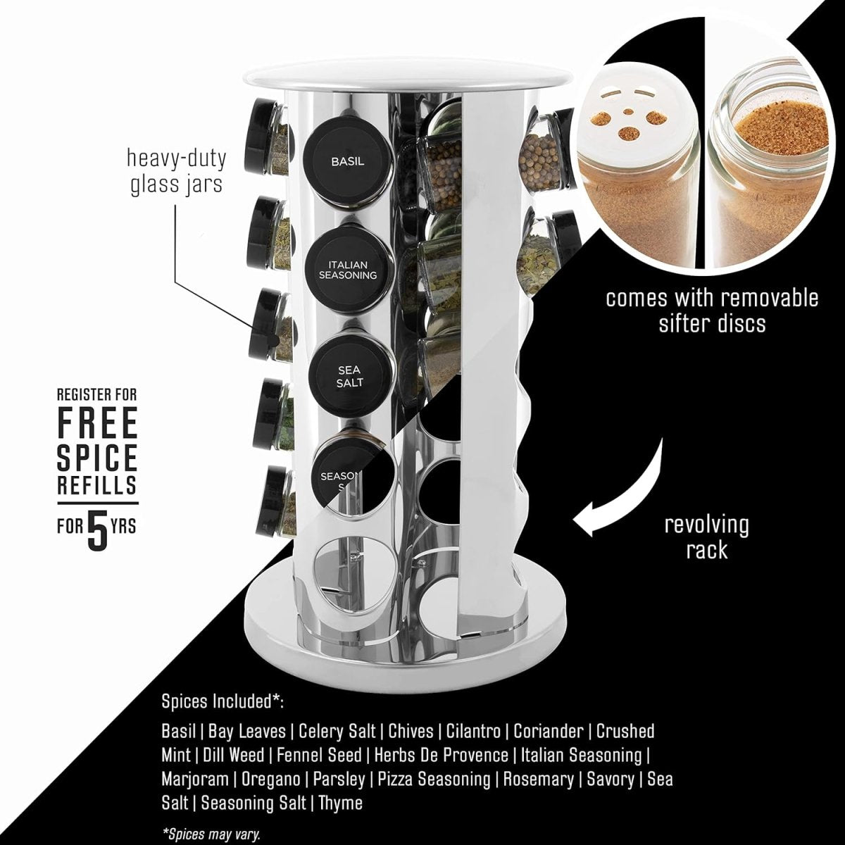Kamenstein 20 Jar Revolving Countertop Spice Rack with Spices Included, FREE Spice Refills for 5 Years, Polished Stainless Steel with Black Caps, 30020 - Homesidy.com