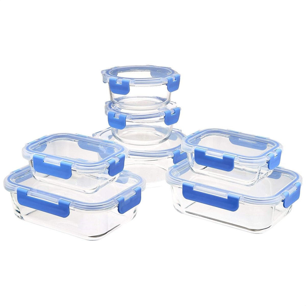 Amazon Basics Glass Food Storage Containers with Locking Lids, Set of 7, 14 pieces including lids, BPA - Free, clear with blue silicone ring - Homesidy.com