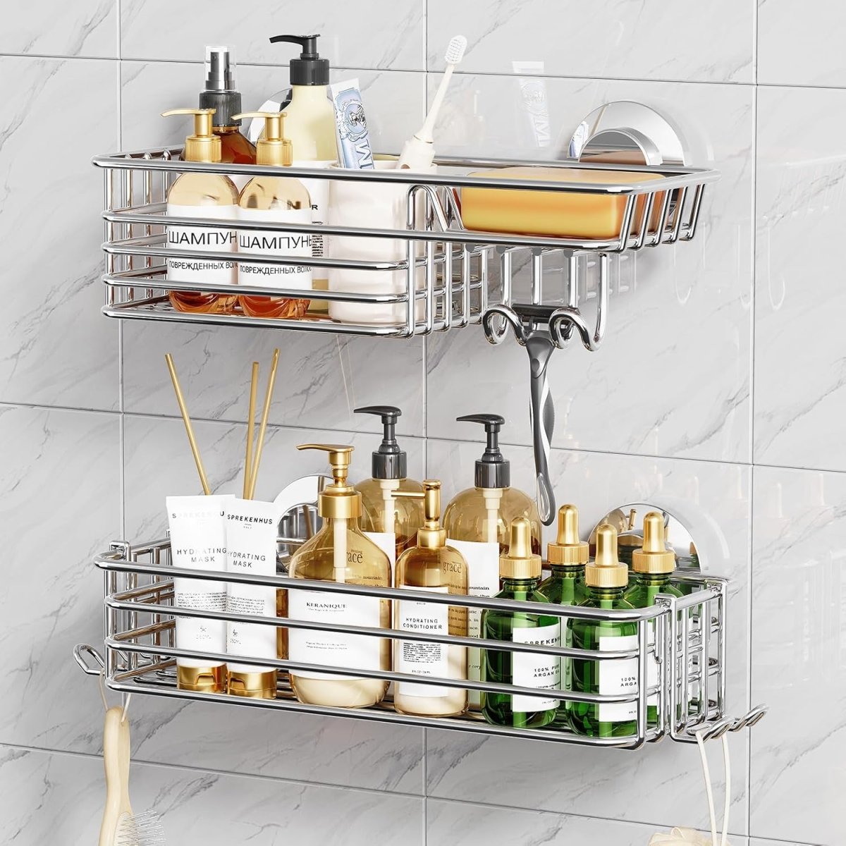 TAILI Shower Caddy Suction Cup 2 Pack with Hooks &amp; Soap holder, Heavy Duty Shower Organizer for Bathroom, No Drilling Bathroom Organizer with Large Capacity, Black Metal Storage Basket - Homesidy.com