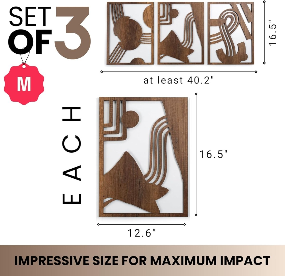 qmmp Modern Wooden Wall Sculptures - Set of 3 - MDF - Oak - Home Decor Accent - Large Wall Art for Living Room, Bedroom, Office - Easy Installation (Oak, Medium - Mountain and Sun, Unframed) - Homesidy.com