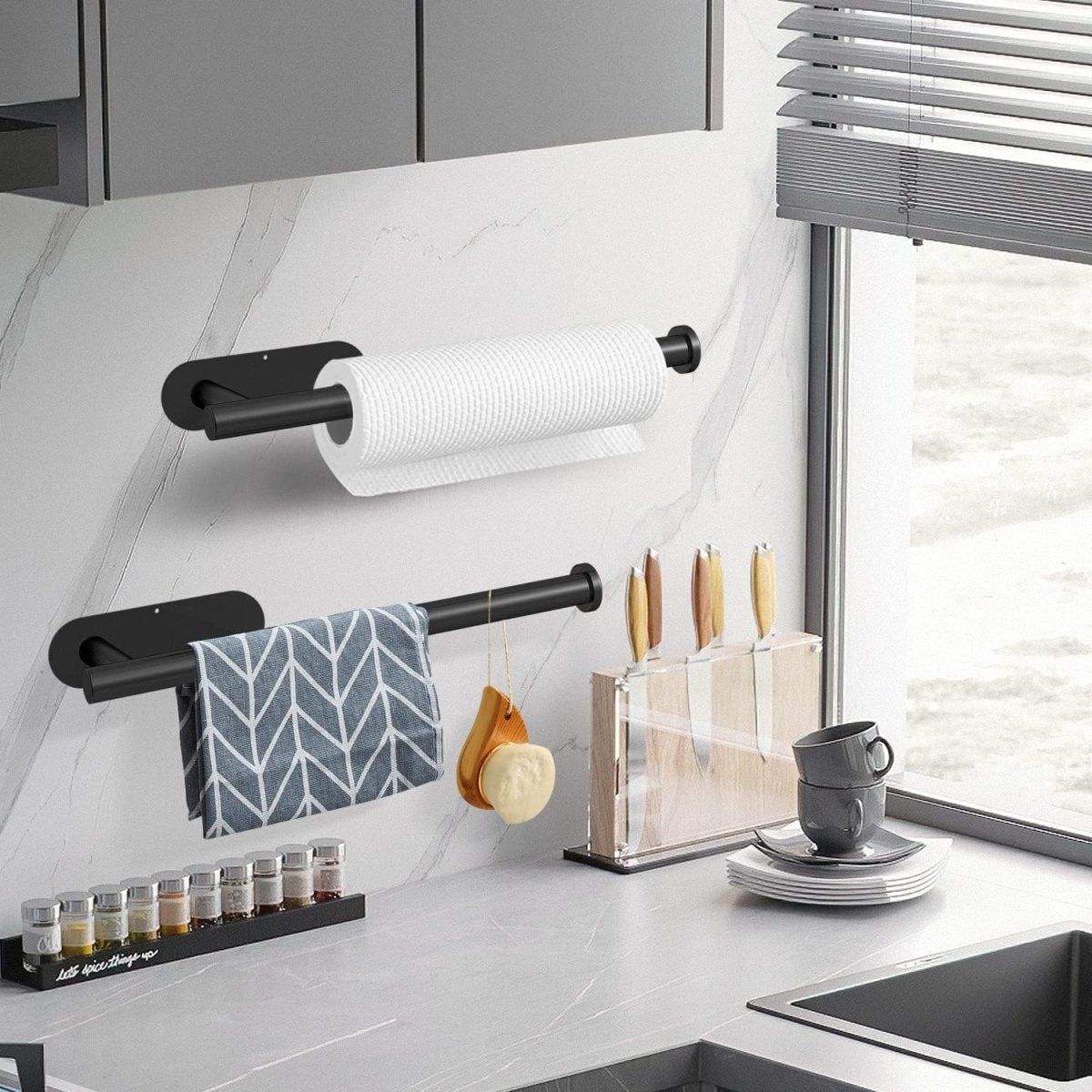 DEKAVA Paper Towel Holder Under Cabinet Wall Mount for Kitchen Towel, Self - Adhesive Bar, Rack, SUS304 Stainless Steel 13 inch (BlackA, 1) - Homesidy.com