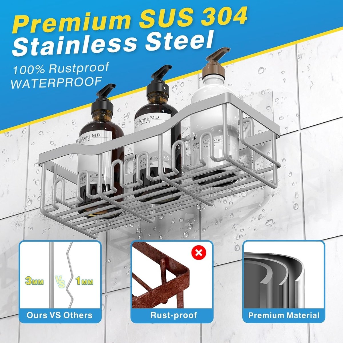 EUDELE Adhesive Shower Caddy, 5 Pack Rustproof Stainless Steel Bath Organizers With Large Capacity, No Drilling Shelves for Bathroom Storage &amp; Home Decor - Homesidy.com
