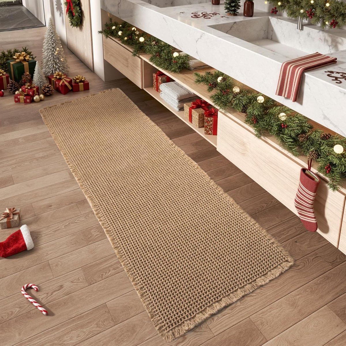 AMOAMI Upgraded Waffle Bath Mat, Super Absorbent Non Slip Bath Mats for Bathroom Floor, Machine Washable Bathroom Rugs with Tassels, Rubber Backed Bathroom Mats, Ultra Soft, 18&34; x 30&34;, Brown - Homesidy.com