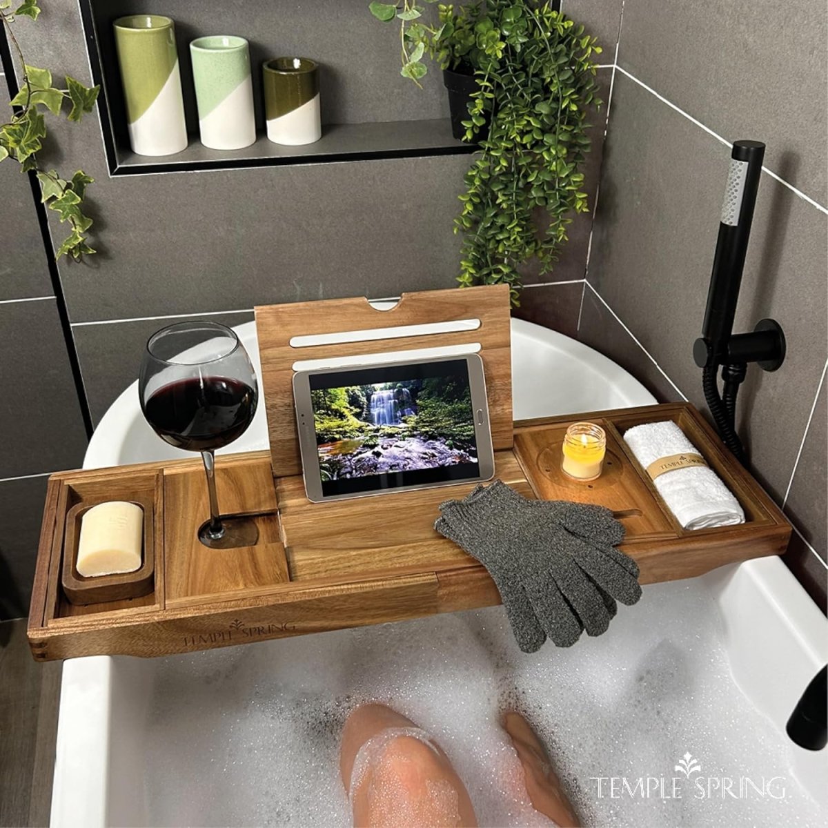 Temple Spring Wooden Bathtub Tray, Bamboo Bathroom Accessories, Bath Tray for Tub, at Home Spa Essentials, Board for Tub Table, Bath Caddy for Bathtub Accessories &amp; Bathroom Essentials – Natural - Homesidy.com